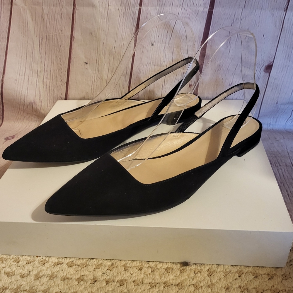 Everlane EDITOR Black Suede Pointy Toe Slingback Flat Pumps Sz 8M Made in Italy